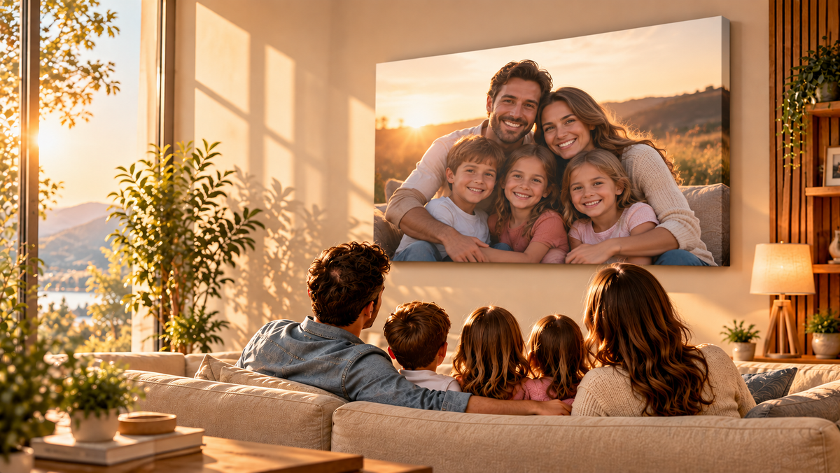 Familie admirând tabloul personalizat EcoFrame